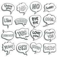 Speech bubbles with dialog words. Sketch bubble different shapes with message, short phrases thank you, bye, ok, omg, wow, lol vector set