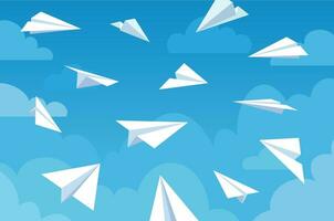 Paper planes in blue sky. White flying airplanes in clouds from different angles and direction. Teamwork, message or travel vector concept