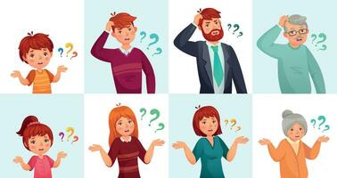 People ask questions, doubt or confused. Man and woman, children thinking or hesitating with question marks vector