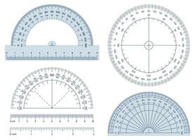 Protractor. Angles measuring tool, round 360 protractors scale and 180 degrees measure vector illustration set