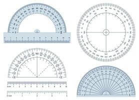 Protractor. Angles measuring tool, round 360 protractors scale and 180 degrees measure vector illustration set