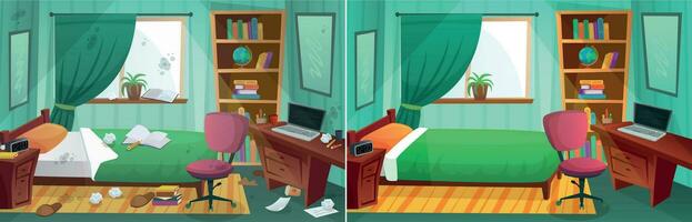 habitación antes de y después limpieza. comparación de sucio dormitorio y limpiar niño dormitorio. hogar después noticias Servicio vector