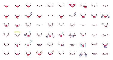 linda emoticon emoji caras. dibujos animados kawaii cara expresión en japonés anime personaje. manga emoción beso, llorar y enojado vector íconos conjunto