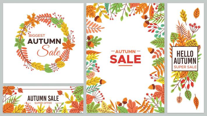 Autumn sale banners. Colorful fall leaves, seasonal discount. Tree foliage as maple and chestnut leaf, acorn