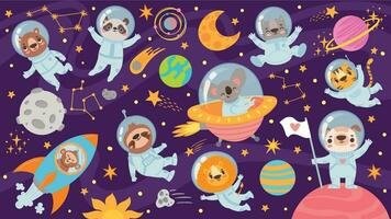 Animals in space. Cute animal astronauts in space suits, universe galaxy with planets, stars, spaceship children print cartoon vector set.