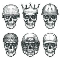 cráneo en sombreros. muerto cabeza caracteres con corona, béisbol gorra y cascos monocromo dibujo Arte impresión para camisa diseño o tatuaje vector conjunto