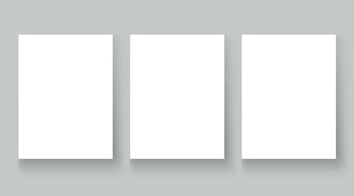 Empty affiche mockup copy. Blank white paper sheet template set isolated on grey. Poster with drop shadows