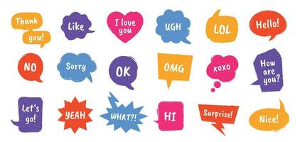 Retro speech bubbles. Comic talk balloons, thinking clouds for chat messages, dialog frames. Discussion sounds in vintage style vector set.