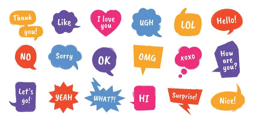 Retro speech bubbles. Comic talk balloons, thinking clouds for chat messages, dialog frames. Discussion sounds in vintage style vector set.