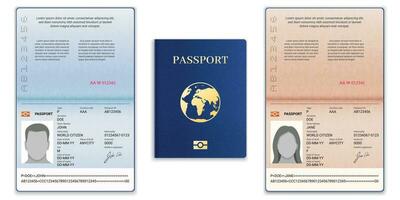 pasaporte modelo. internacional abierto pasaporte con muestra personal datos página hombre y mujer documento para viaje y inmigración, vector conjunto