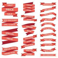 Red sale ribbons set isolated on white background. Curved paper, fabric tapes with text for discount vector