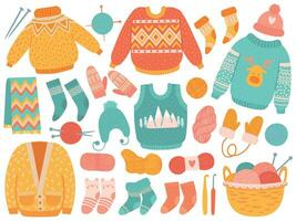 Winter knit clothes. Handmade wool clothing and knitting tools, sweaters, socks, hats and mitten, scarf, needles and yarn vector set