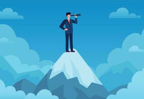 Business vision. Businessman on mountain peak with telescope looking new idea, business startup, visionary forecast, success vector concept