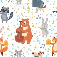 animal músicos sin costura modelo. gracioso animales músicos jugar diferente musical instrumentos fondo de pantalla, envase o textil vector textura