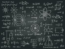 Scientific formulas. Mathematics and physics calculus on class chalkboard. Algebra and physical science handwritten vector education concept