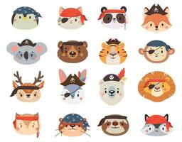 animales en pirata sombreros como pingüino y gato, león y tigre, perezoso y jirafa, mapache y ciervo. lindo, gracioso caracteres. vector