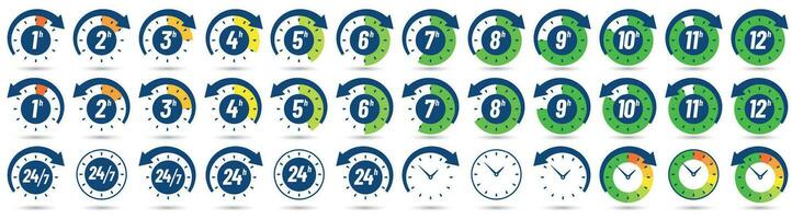 Color hours icon. Timer from 1 to 12 hours, time ago and next label dial with arrow. Clock, 24 7 and 24h available vector icons set