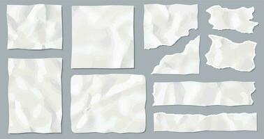 Crumpled paper scraps. Ragged creased sheet, blank or empty page. Realistic torn white note paper pieces. vector