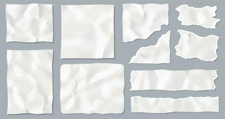 Crumpled paper scraps. Ragged creased sheet, blank or empty page. Realistic torn white note paper pieces.