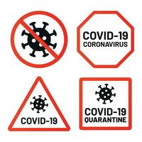 Covid-19 signs ban, attention and warn set vector