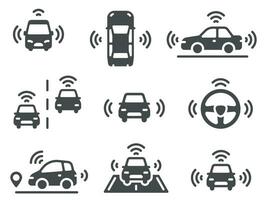 Driverless car icons. Autonomous robotic car, smart driving vehicles, navigation mobile lines road, eco technology electric auto vector set