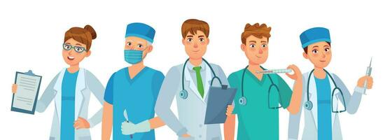 Doctors group. Young medical workers, hospital team and clinic doctor. Health care teamwork cartoon vector illustration.