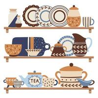 Kitchen tableware on shelf. Retro decorative ceramic utensils or crockery for food preparing and serving. vector