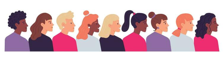 Profile women portraits. Diverse female heads side view. Cartoon characters of various nationality, hairstyle vector