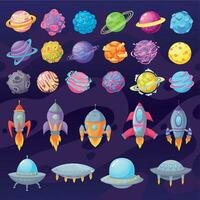 Cartoon planets and spaceships. Alien cartoon ufo and spaceships, rocket galaxy elements for childish cosmic game vector set.