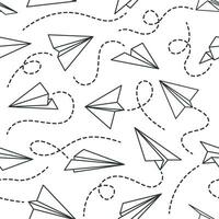 Line paper airplane seamless pattern. Flying planes from different direction with dotted line tracks, black drawing wallpaper vector texture