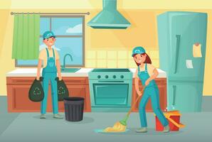 Professional cleaning workers cleaning kitchen. Service household vector