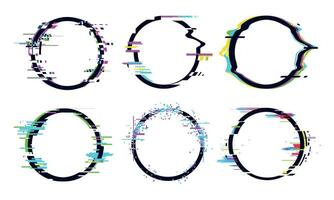 Glitch circle frame effect, circle glitch collection vector