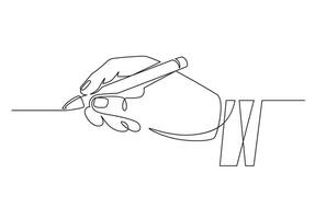 Hand with pen. Continuous one line businessman hand holding pencil and writing straight line. Minimal handwriting line concept vector