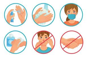 Prevention of coronavirus infection. Use face mask, sanitizer and wash your hands. Dont touch face and no handshakes, prevent SARS-CoV-2 vector illustration set