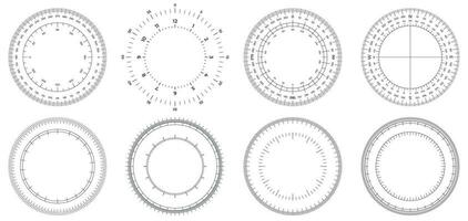 Round measuring circles. 360 degrees scale circle with lines, circular dial and scales meter vector set