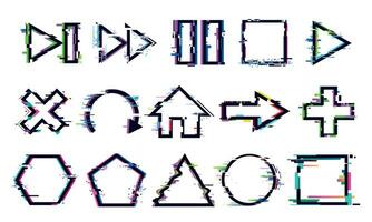 Glitch buttons. Music and game control icons with distorted effect. Play, stop or pause and rewind, refresh vector