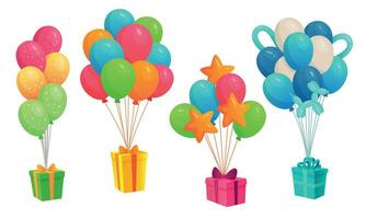 regalos colgando en vistoso globos racimo. cajas de diferente color y forma con cinta arco para cumpleaños vector