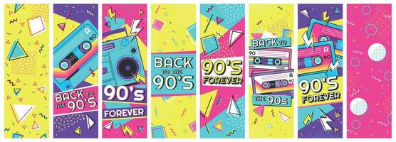 Retro 90s banner. Nineties forever, back to the 90s and pop memphis background banners vector illustration set