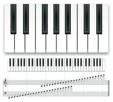 Piano keyboard. Realistic music instrument top view grand piano keyboard or synthesizer and musical notes vector template