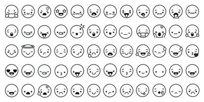 cara expresiones iconos línea kawaii cara expresión japonés anime personaje. emoción sonrisa, Beso y llorar, enojado vector charla lineal conjunto