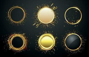 Golden frames with confetti. Glaring and shining borders in luxury style. Empty space for text. Circle frame vector
