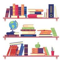 Book shelves with stack of books and other objects as binder, globe, apple and pencils. Home library on wall vector