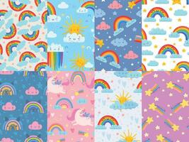 sin costura linda arco iris modelo. cielo con arcoiris y nubes, magia unicornio y estrellas. contento sonriente nube dibujos animados vector antecedentes ilustración conjunto