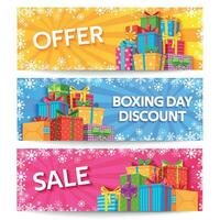 Boxing day. Holiday gift boxes with ribbon, xmas or wedding gifts, birthday presents, christmas offer promotion, big sale vector banners set