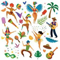 Brazilian carnival. Latino festival masquerade items, mask and feathers. Women dancers, music instruments and fruits, guitarist vector set