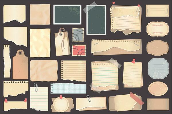 Old scrapbook paper pieces, stamps and labels. Retro ripped pages with pins and paperclip. Notebook sheets