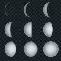 Realistic moon phases. Lunar phase, full luna and new crescent with night sky. Earth satellite surface with texture astronomical vector set