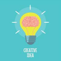 Brain in light bulb. Creative idea metaphor, conceptual strategy. Brainstorm, innovation solution icon, flat vector concept