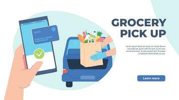 Grocery pickup. Safe shopping in store, order online and curbside pick up without leaving car. Hand with phone orders food vector concept