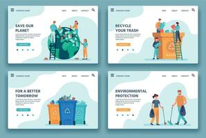 Recycling trash landing page. People collecting and sorting garbage for recycle. Eco lifestyle. Reduce environment pollution web site vector